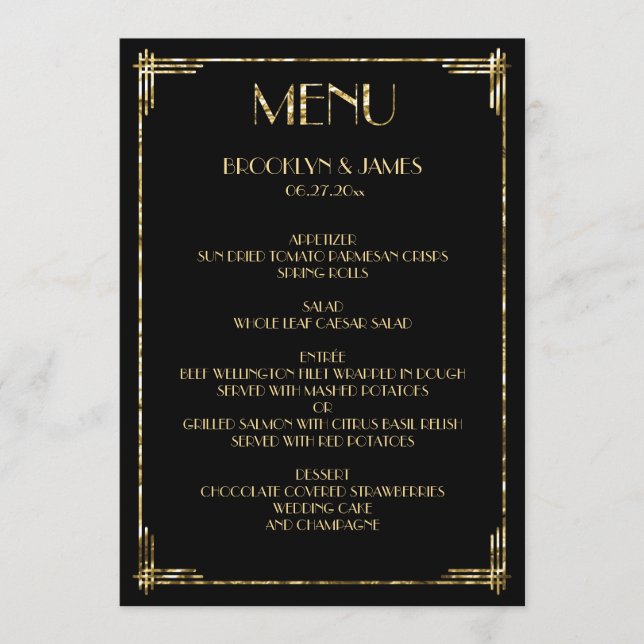 Gold Foil Great Gatsby Art Déco Menu Mariage Noir (Devant)