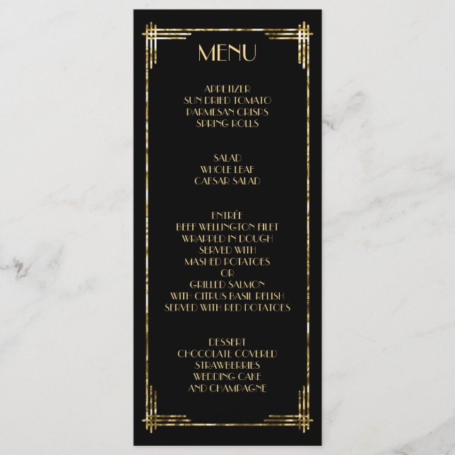 Gold Foil Great Gatsby Art Deco Wedding Menu (Front)