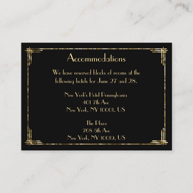 Gold Foil Great Gatsby Mariage Cartes d'hébergemen (Devant)