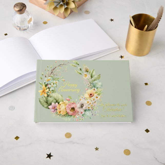 Gold Foil Green Floral Anniversary  Guest Book (Front Open)