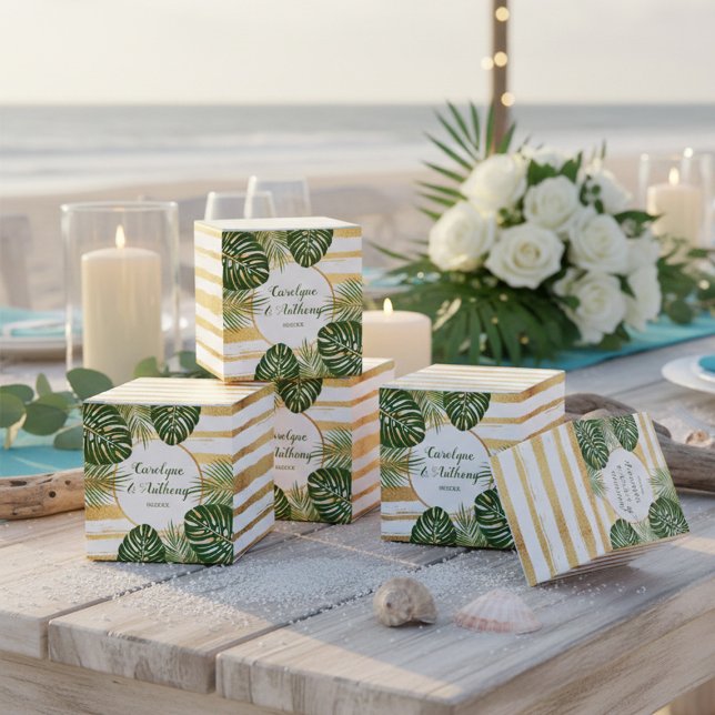 Gold Foil & Green Palm Leaf Beach Wedding Favor Box (Creator Uploaded)