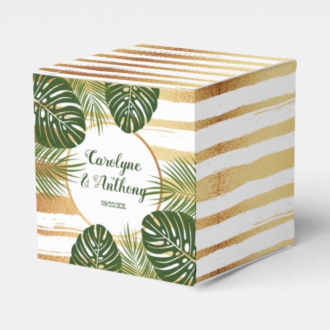 Gold Foil & Green Palm Leaf Beach Wedding Favor Box (Front Side)