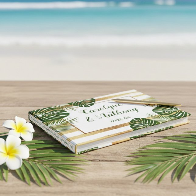 Gold Foil & Green Palm Leaf Beach Wedding Guest Book (Creator Uploaded)