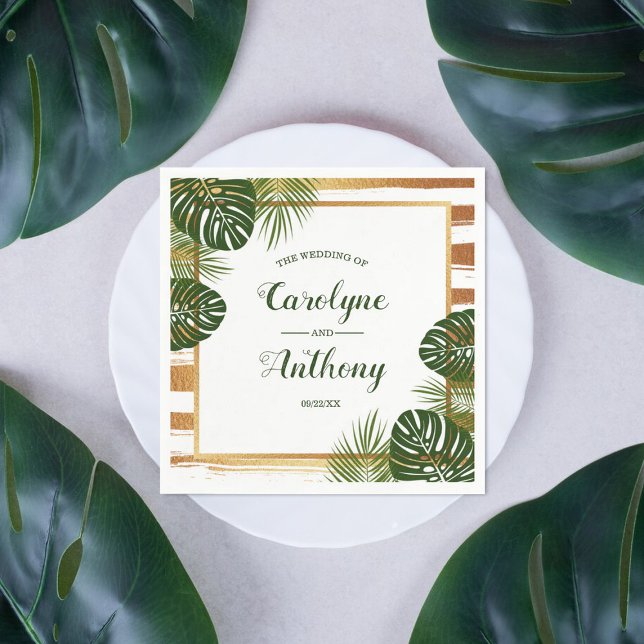 Gold Foil & Green Palm Leaf Beach Wedding Napkin (Creator Uploaded)