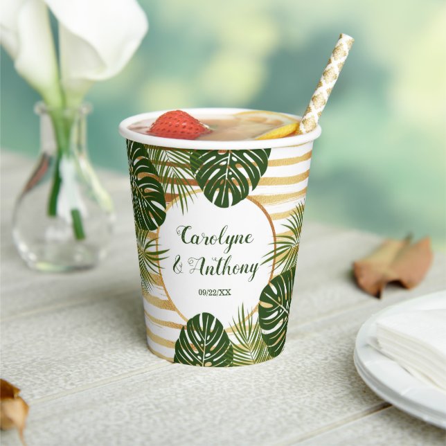 Gold Foil & Green Palm Leaf Beach Wedding Paper Cups (Insitu)