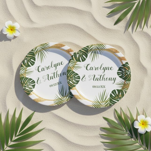Gold Foil & Green Palm Leaf Beach Wedding Paper Plate (Creator Uploaded)