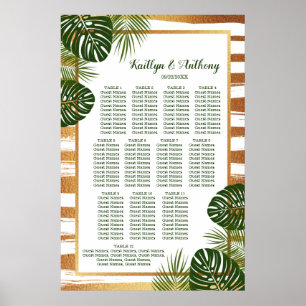 Gold Foil & Green Palm Leaf Beach Wedding Seating Poster