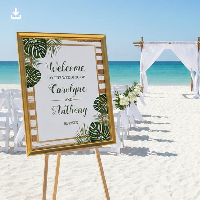 Gold Foil & Green Palm Leaf Beach Wedding Welcome Poster (Creator Uploaded)