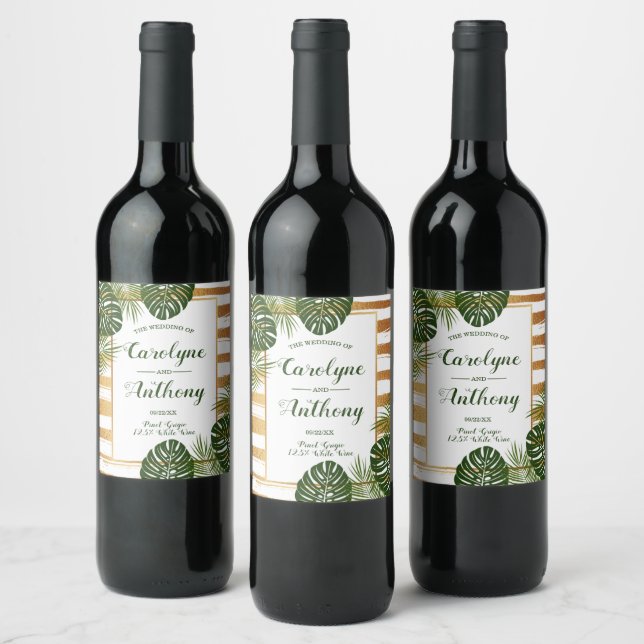 Gold Foil & Green Palm Leaf Beach Wedding Wine Label (Bottles)