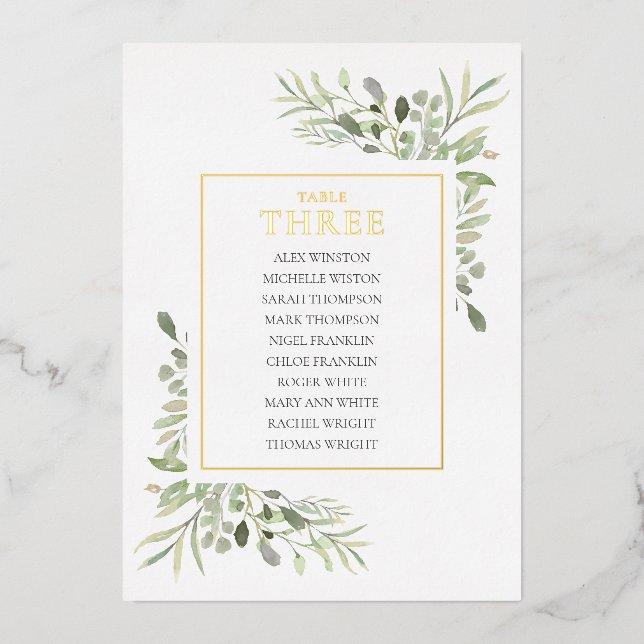 Gold Foil Greenery Table Number Seating Chart (Front)
