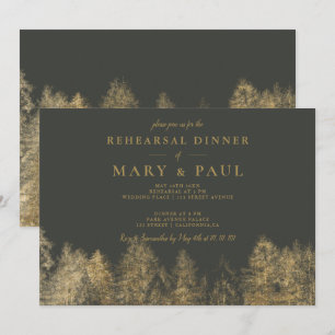 Gold foil grey Fall pine rehearsal dinner Invitation
