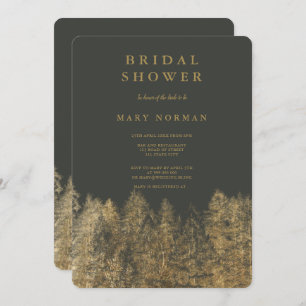 Gold foil grey Fall pine trees bridal shower Invitation