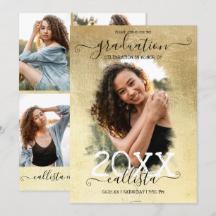 Gold Foil Halo Photo Collage Graduation Invitation