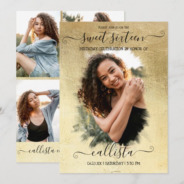 Gold Foil Halo Photo Collage Sweet 16 Invitation (Front/Back)