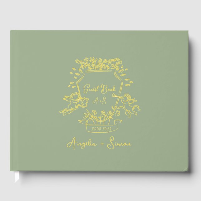 Gold Foil Hand drawn Crest Sage Green Wedding Guest Book (Front)