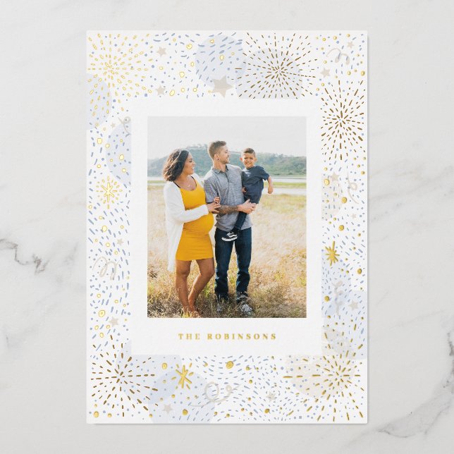 Gold Foil Handdrawn Fireworks New Years Photo Card (Front)