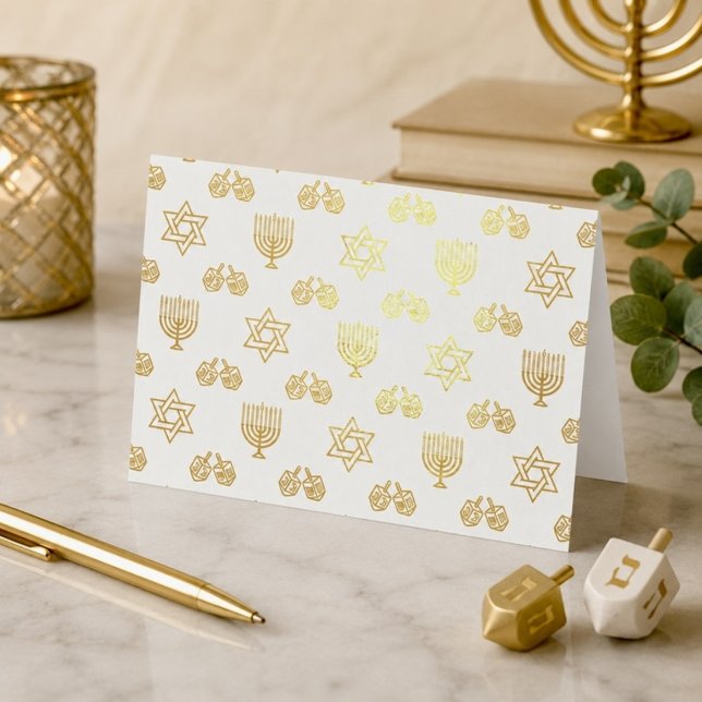 Gold Foil Hanukkah Icons Pattern Holiday Card (Creator Uploaded)