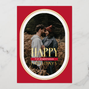 Gold Foil Happy Holidays Red Oval Frame Carte phot