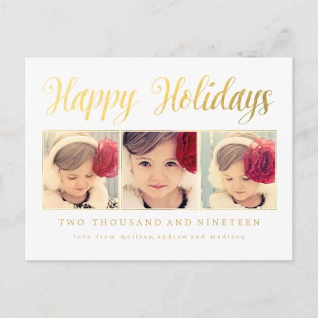 Gold Foil Happy Holidays Xmas Photo Frame Postcard (Front)