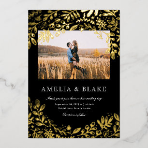 Gold Foil Harvest Flowers Photo Wedding Invitation