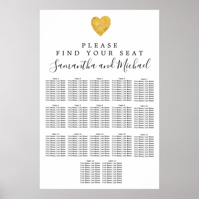 Gold foil Heart 17-Table Wedding Seating Chart (Front)
