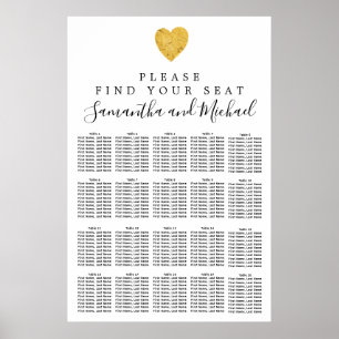 Gold foil Heart 20-Table Wedding Seating Chart