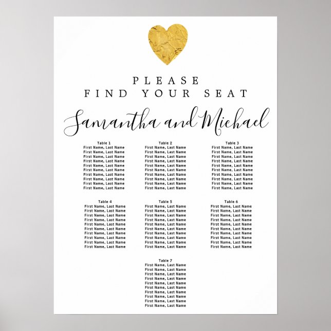 Gold foil Heart 7-Table Wedding Seating Chart (Front)