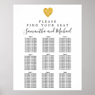 Gold Foil Heart 9-Table Wedding Seating Chart