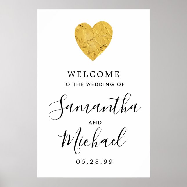 Gold Foil Heart Modern Welcome to Our Wedding Sign (Front)