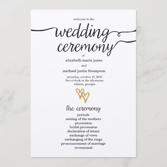 Gold Foil Hearts Kraft Programme de mariage en pap (Devant)