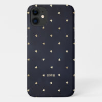 Gold Foil Hearts Pattern Navy Blue Monogram