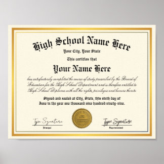 Gold foil High School Diploma, homeschool Poster
