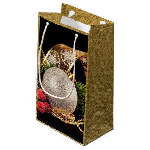 Gold Foil Holiday Gold Ribbon Silver Ball Gift Bag