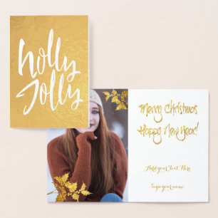 Gold Foil Holly Jolly Christmas YOUR PHOTO Inside Card