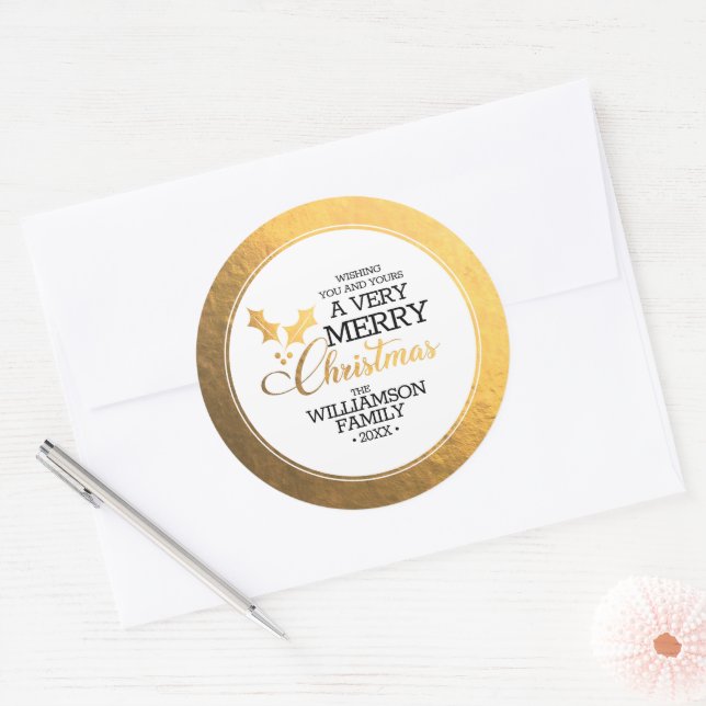 Gold Foil Holly Merry Christmas Classic Round Sticker (Envelope)