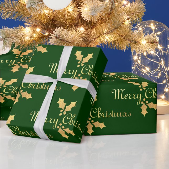 Gold Foil Holly Merry Christmas Wrapping Paper (Holidays)