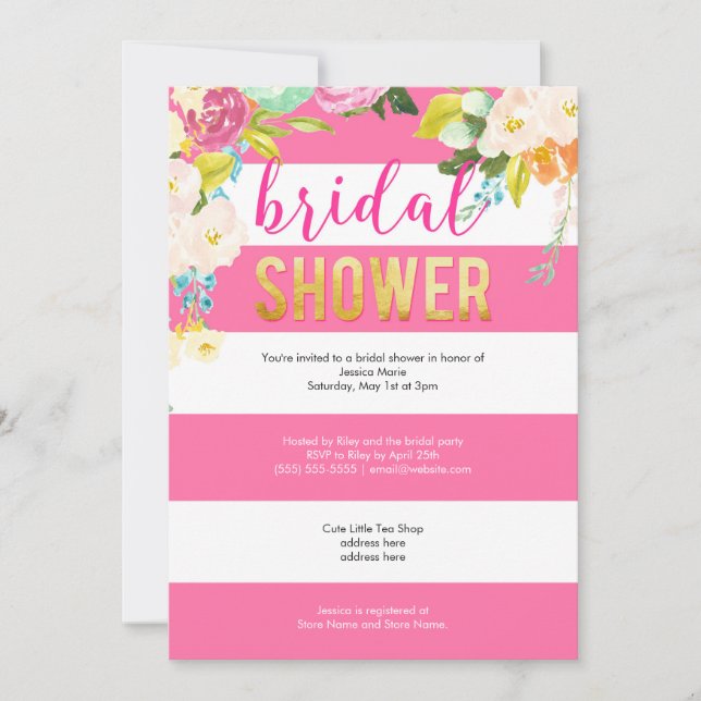 Gold Foil Hot Pink Floral Bridal Shower Invitation (Front)