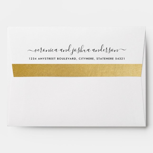 Gold Foil Inside Return Address Trendy Font White Envelope (Back (Top Flap))
