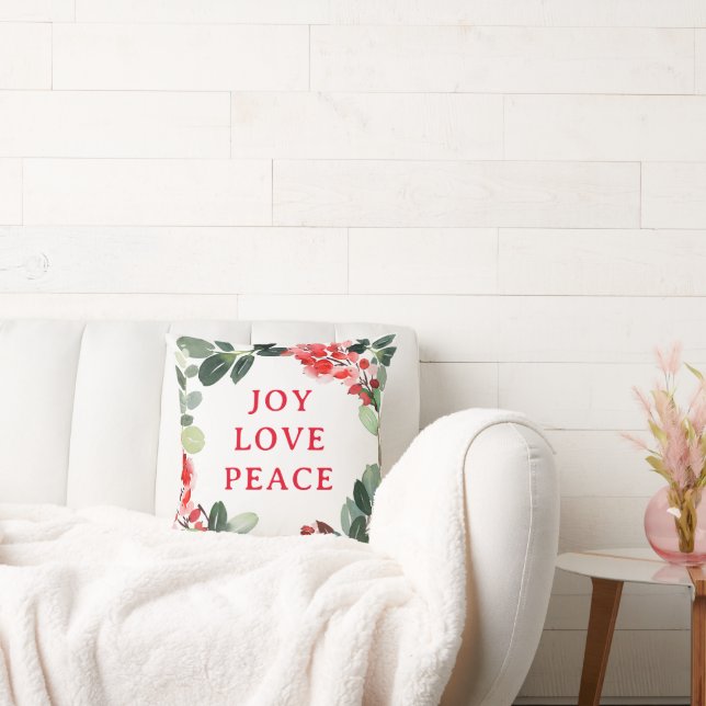 Gold Foil Joy Love Peace Festival Wreath Holiday Throw Pillow (Couch)