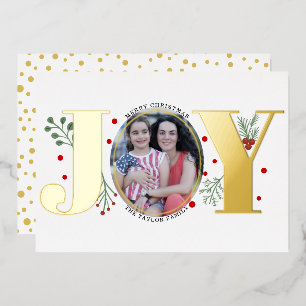 Gold foil Joy with berries Christmas photo Holiday Card
