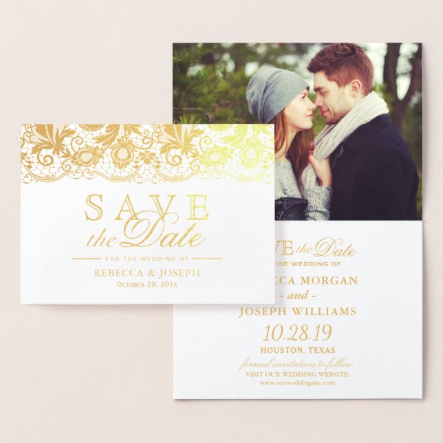 Gold Foil Lace Floral Wedding Save the Date Card (Display)