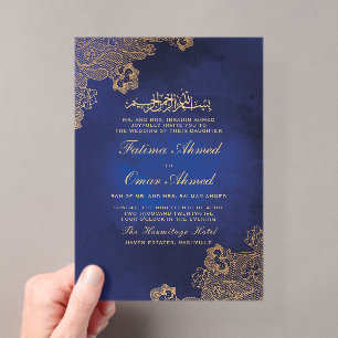 Gold Foil Lace Ornate Blue Islamic Muslim Wedding Acrylic Invitations