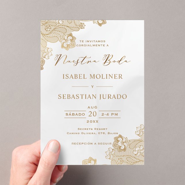 Gold Foil Lace Ornate Nuestra Boda Spanish Wedding Acrylic Invitations (Insitu (Handheld))