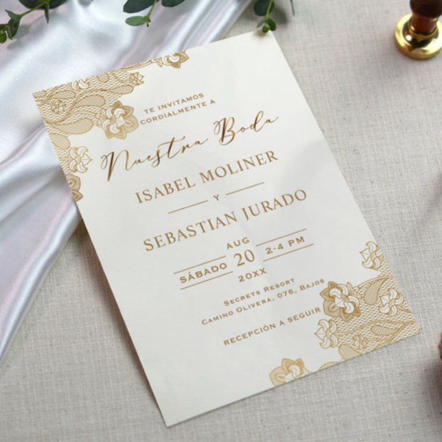 Gold Foil Lace Ornate Nuestra Boda Spanish Wedding Invitation (Creator Uploaded)