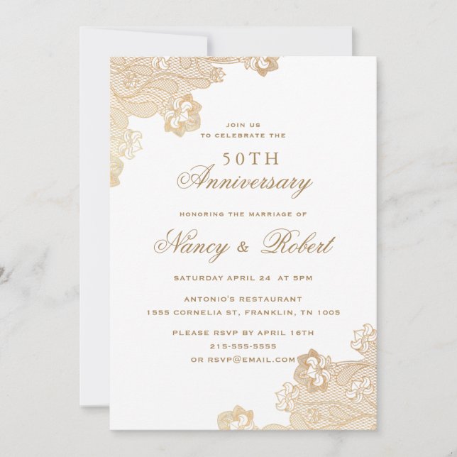 Gold Foil Lace White 50th Wedding Anniversary Invitation (Front)