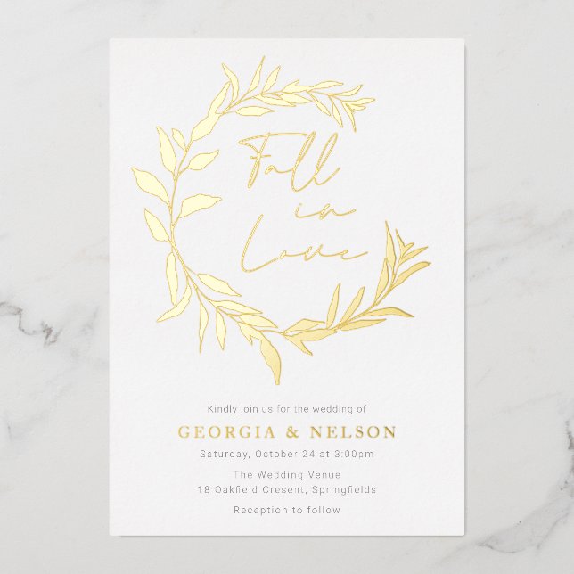 Gold Foil Leave Wreath Fall In Love Wedding (Front)