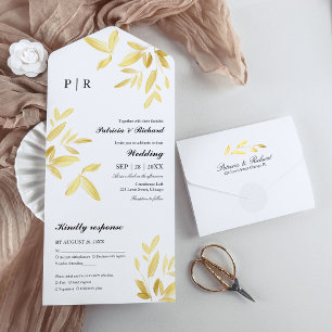 Gold Foil Leaves Monogram Elegant Wedding All In One Invitation