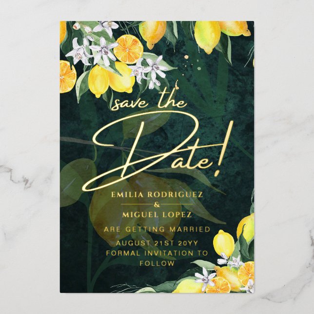 Gold Foil Lemon Zest Wedding Save The Date QR Code (Front)