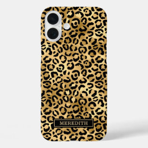 Gold Foil Leopard Print Monogrammed iPhone 16 Plus Case