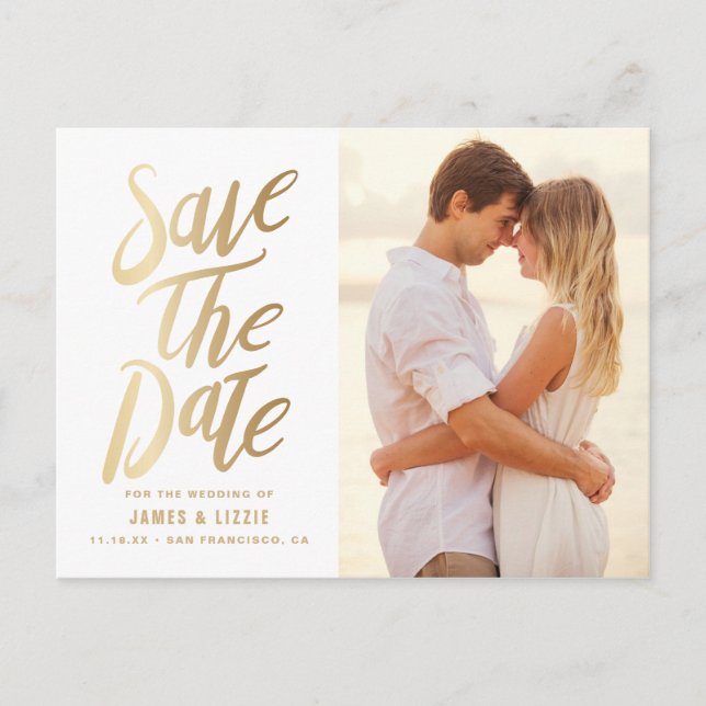 Gold Foil Lettering Photo Save the Date Announcement Postcard (Front)